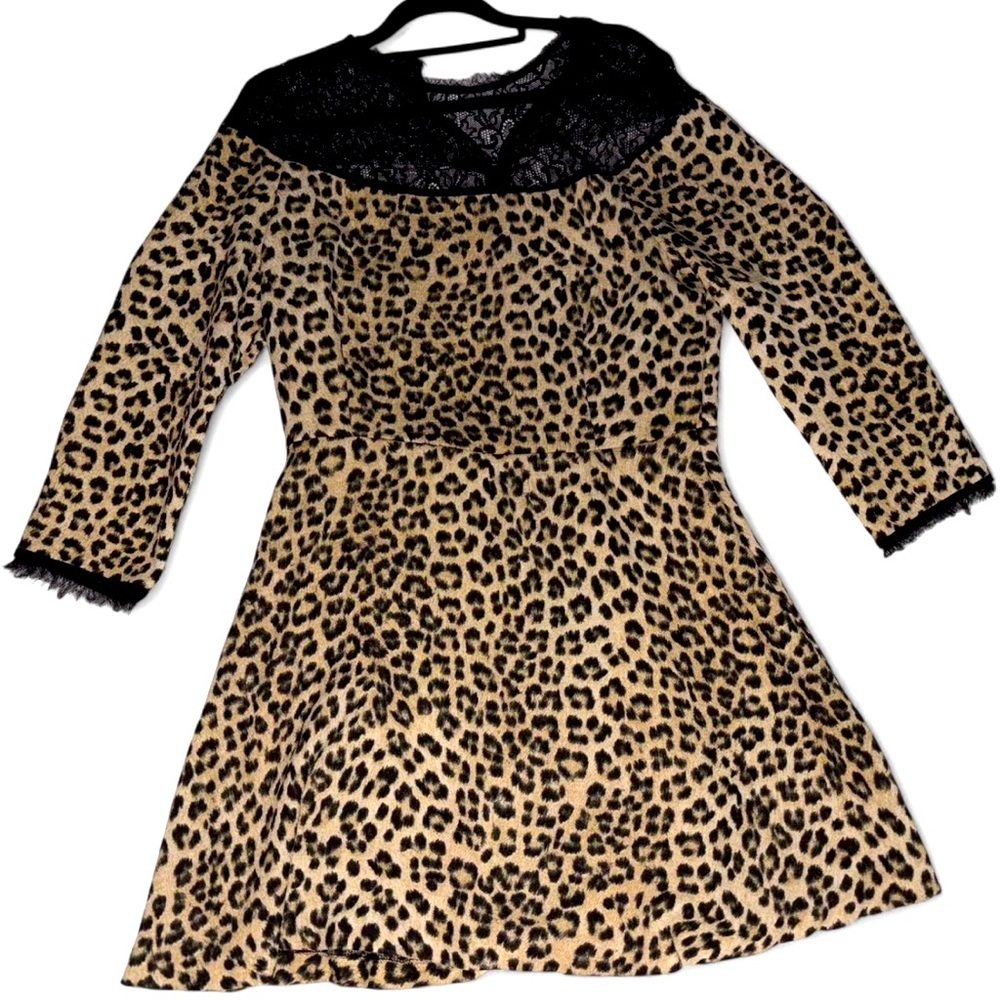 Zara Animal print contrast lace 3/4 sleeve dress-Leopard print-size L